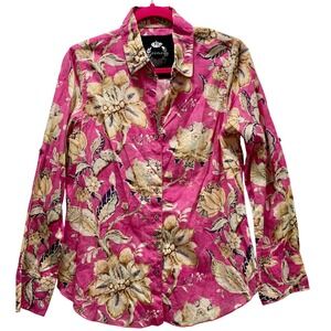 Cino Flora Hot Pink Floral Print Button Down Shirt Women's Long Sleeve Medium